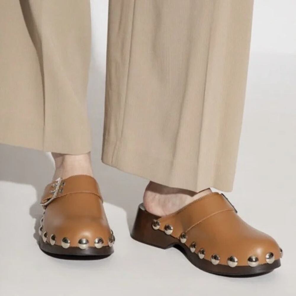GANNI Retro Leather Studded Platform Clog Mules in Tiger Eye Brown Size 40/10 - Picture 2 of 8